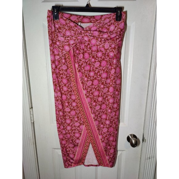 Free People Pink Floral Boho Sarong Pull On Midi Skirt Stretch M (31x36) - Picture 2 of 5